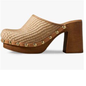 YDN Natural Platform Slip On Clogs Mules Cork High Heel Round Toe Rivet Sandals